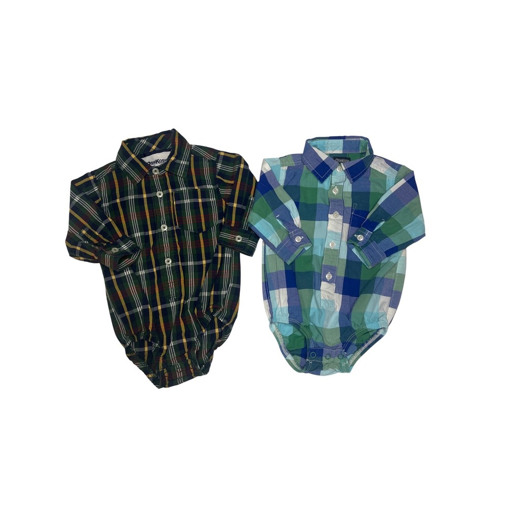 OshKosh Bgosh Baby Boys Plaid Long Sleeve Bodysuit Shirt‎ Bundle 12M Green Blue